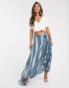 Asos Design Satin Stripe Wrap Midi Skirt With Tie Waist-blue