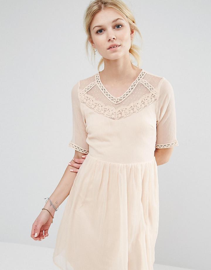 Vero Moda Petite Mesh Yoke Skater Dress - Cream