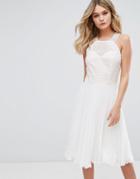 Elise Ryan Pleated Dress With Cutaway Lace Bodice - White