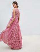 Little Mistress V Neck Sheer Lace Back Maxi Dress - Pink