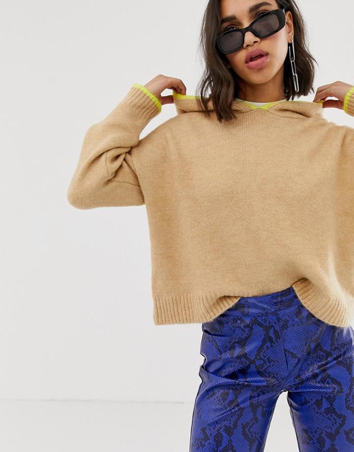 Stradivarius Knitted Hoodie With Neon Trim - Beige