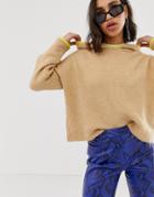 Stradivarius Knitted Hoodie With Neon Trim - Beige