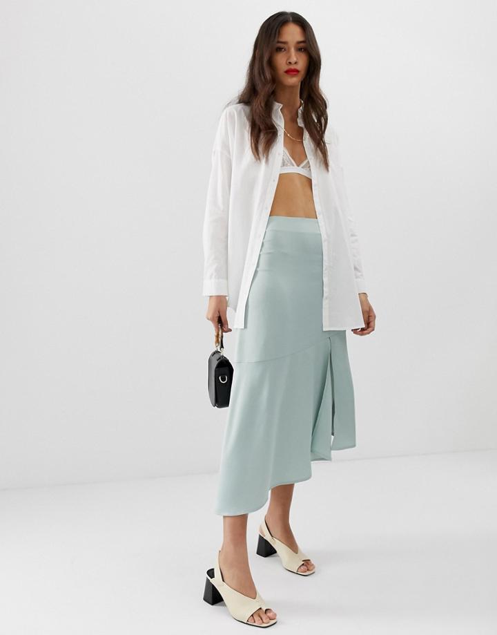 Stradivarius Str Satin Midi Skirt In Pale Green - Green