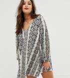 Asos Design Curve Textured Mini V Neck Swing Dress In Snake Print - Multi