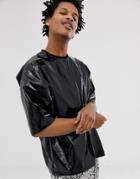 Asos Design Oversized T-shirt With Half Sleeve In Vinyl Fabric In Black - Black