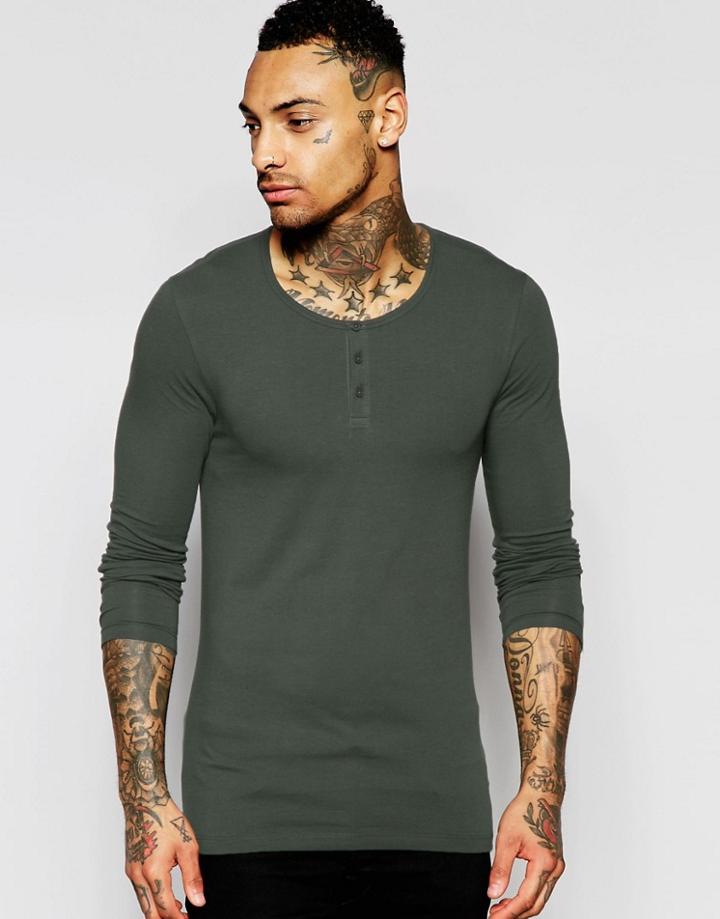 Asos Extreme Muscle Long Sleeve T-shirt With Grandad Neck - Green
