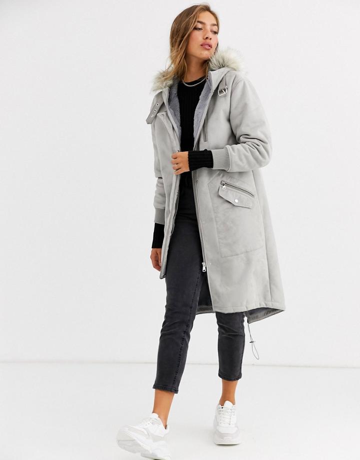 Urbancode Premium Parka In Bonded Faux Suede-gray