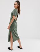 Asos Design Twist Open Back T Shirt Dress - Green