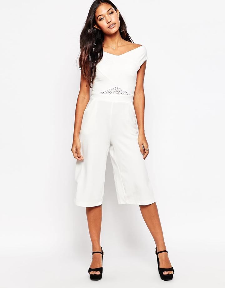 Liquorish Culotte Jumpsuit With Lace Insert - White