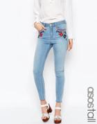 Asos Tall Ridley High Waist Skinny Jeans In Surf Wash With Embroidery - Light Blue