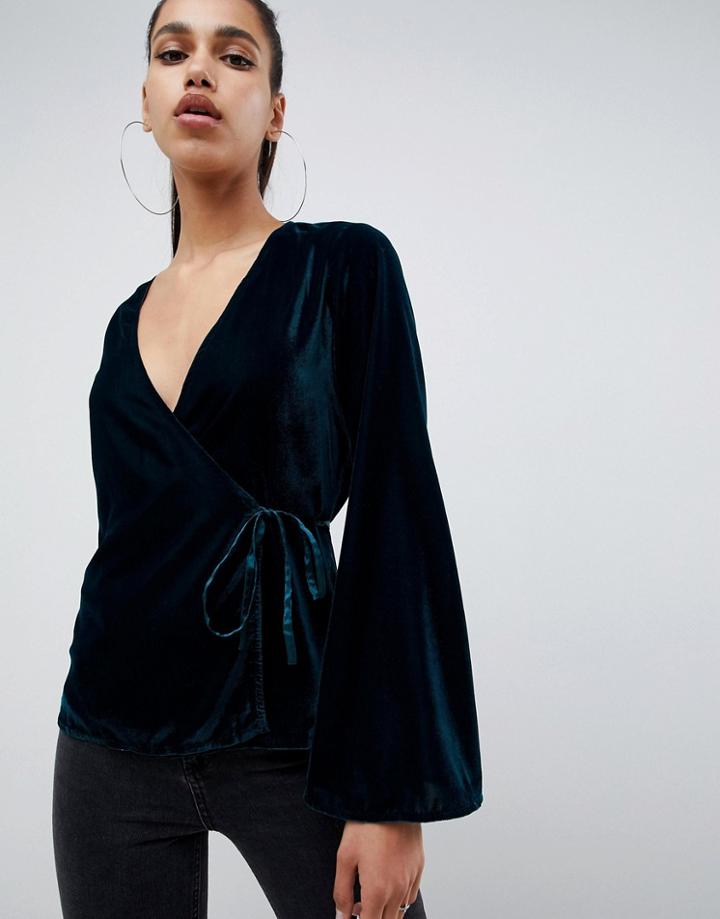 Asos Design Wrap Top In Velvet - Green