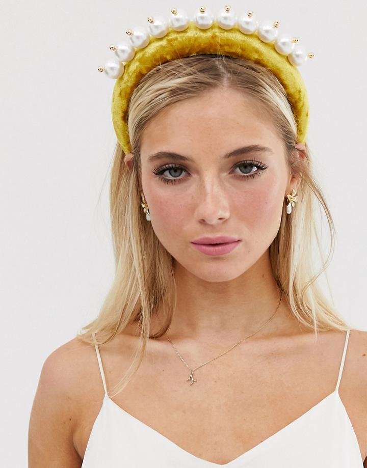 Asos Design Padded Headband With Statement Pearl In Mustard Velvet - Green