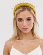 Asos Design Padded Headband With Statement Pearl In Mustard Velvet - Green