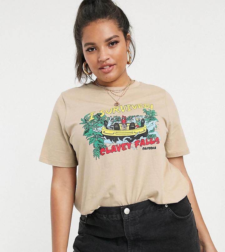 Daisy Street Plus Relaxed T-shirt With Vintage Clavey Falls Print - Beige