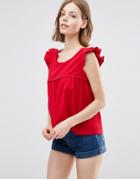 Qed London Corduroy Swing Top With Frill Sleeve - Red