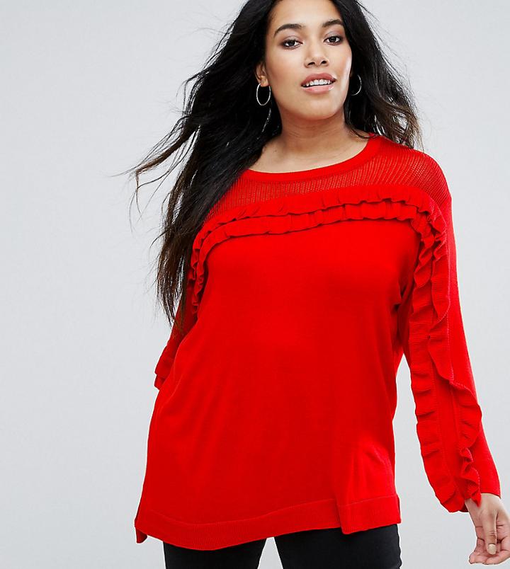 River Island Plus Knitted Sweater With Frill Detail In Red - Red