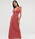 Asos Design Tall Bias Cut Button Front Maxi Dress With Wooden Rings-red