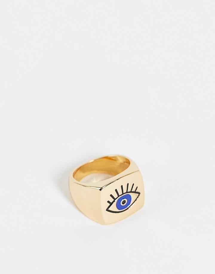 Designb London Chunky Ring With Blue Evil Eye In Gold