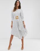 Asos Design Printed Midi Tea Dress With Asymmetric Skirt And Woven Buckle-multi