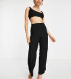 Asos Design Petite Lounge Super Soft Rib Crop Top & Wide Leg Pant Set In Black