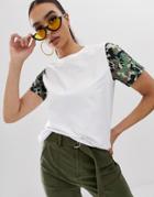 Asos Design T-shirt With Contrast Camo Sleeve - White