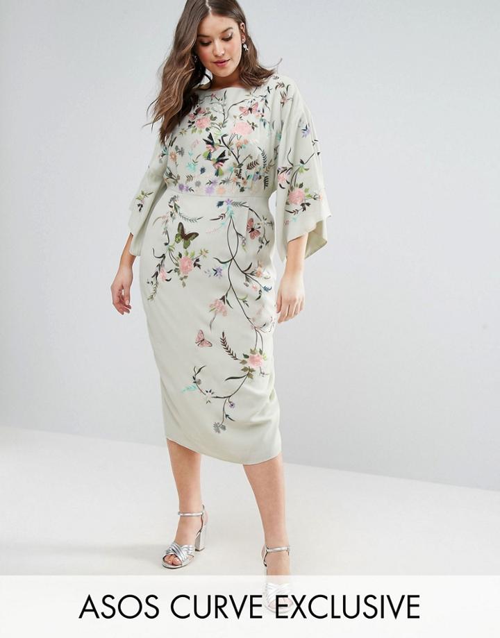 Asos Curve Embroidered Kimono Midi Dress - Green