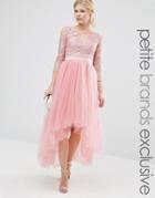 Chi Chi London Petite Premium Metallic Lace Midi Prom Dress With Tulle Skirt - Pink