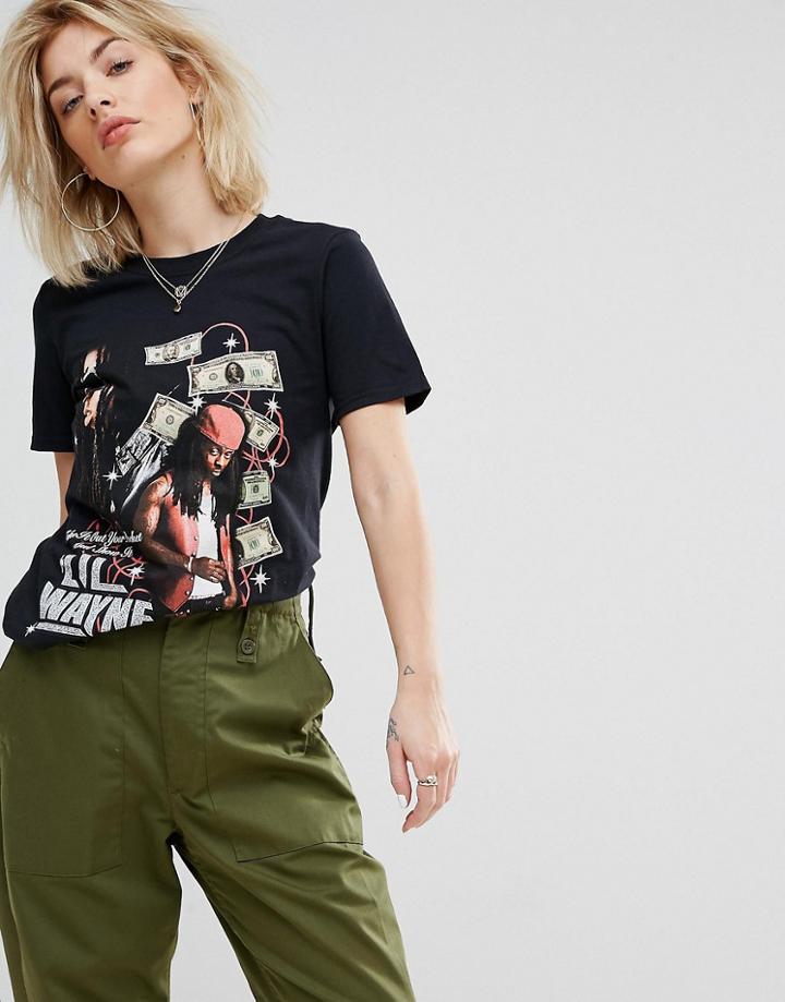 Lil Wayne Tour Retro Boyfriend T-shirt With Bills Print - Black