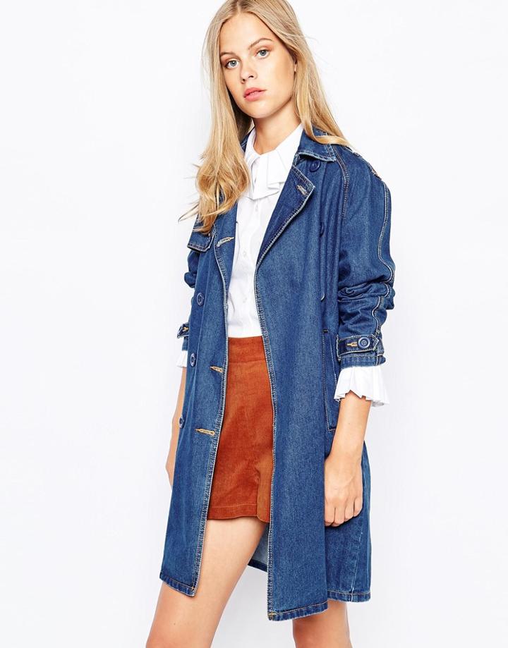 Lost Ink Denim Belted Trench - Mid Wash Blue