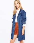 Lost Ink Denim Belted Trench - Mid Wash Blue