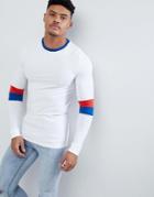 Asos Design Muscle Long Sleeve T-shirt With Contrast Arm Color Block In White - White