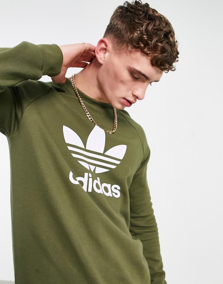 Adidas Originals Adicolor Large Trefoil Crew Sweatshirt In Khaki-green