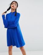Asos Knitted Swing Dress With Zip Neck - Blue