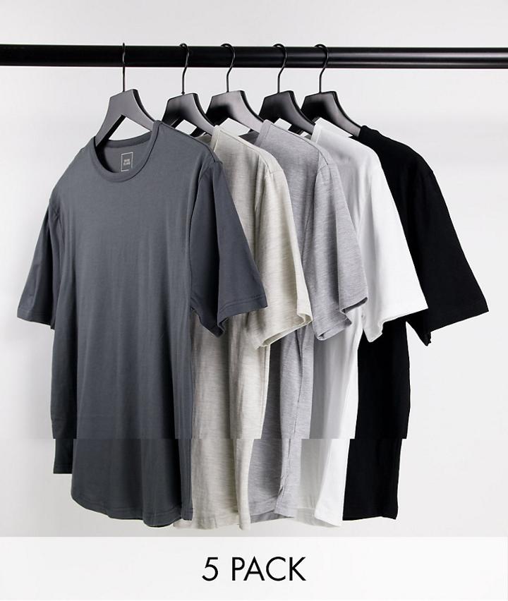 River Island 5-pack Curved Hem T-shirts In Gray-grey