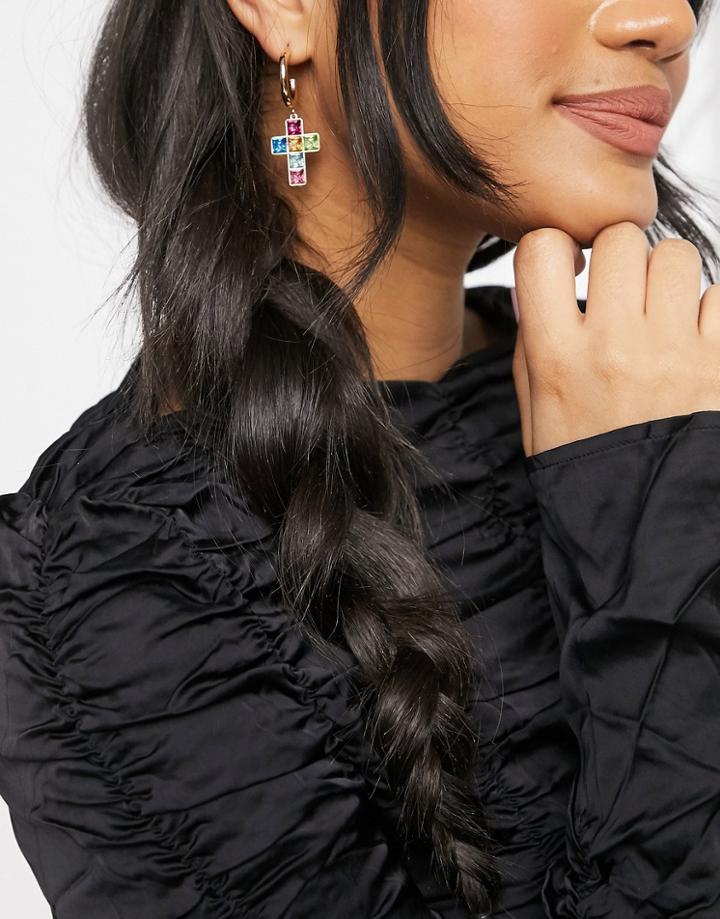 Topshop Hoop Earring With Rainbow Crystal Drop Cross-gold