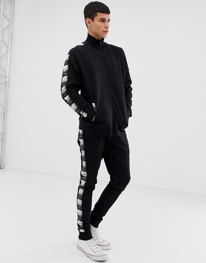 Asos Design Tracksuit Track Neck Jersey Jacket / Skinny Sweatpants With Check Side Stripe-black