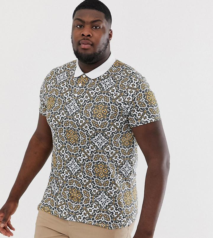 Asos Design Plus Relaxed Polo With All Over Tile Print - White