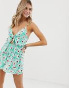 En Creme Tie Front Cami Romper In Bright Daisy Print-multi