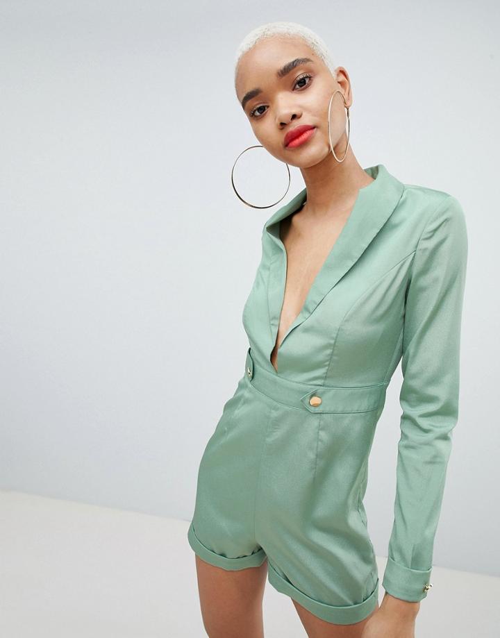 Prettylittlething Tux Button Detail Romper - Green