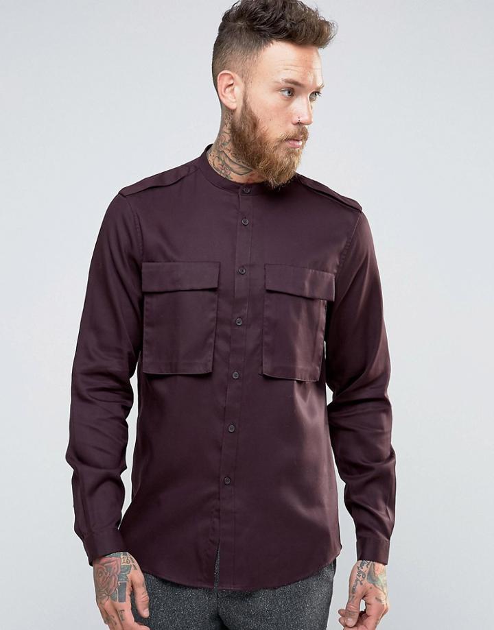 Asos Military Shirt In Drape Fabric With Grandad Collar In Regular Fit - Purple