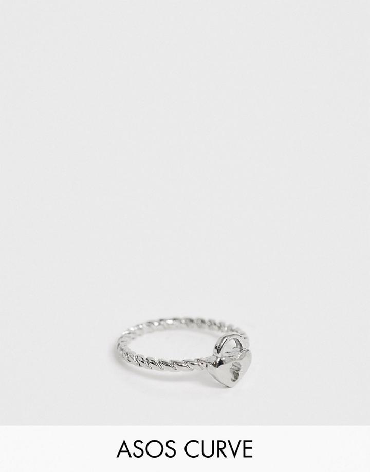 Asos Design Curve Pinky Ring In Heart Padlock In Silver Tone