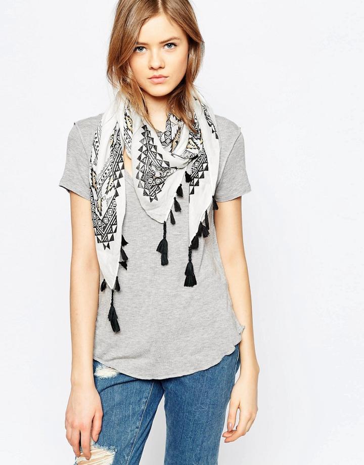 Liquorish Scarf With Metallic Foil Print And Tassels - White