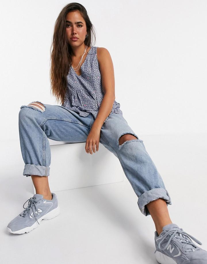 J Crew V-neck Tank W/ Shirred Empire Waist-blue