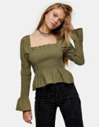 Topshop Shirred Blouse In Khaki-green