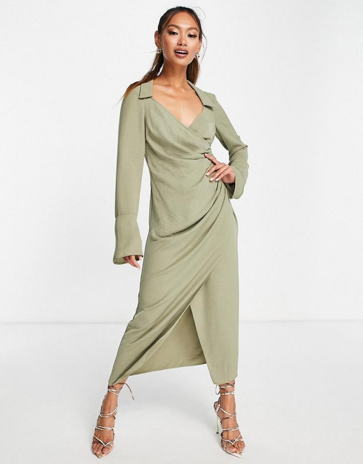 Asos Design 70s Drape Front Wrap Midi Dress In Khaki-green