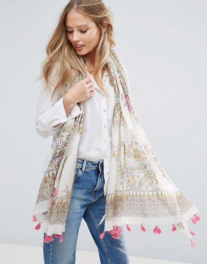Yumi Cotton Floral Print Scarf With Tassel Trim - Multi