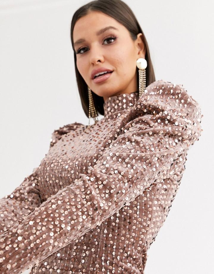 Saint Genies Sequin Velvet High Neck Puff Sleeve Party Dress In Champagne