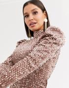 Saint Genies Sequin Velvet High Neck Puff Sleeve Party Dress In Champagne