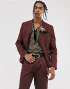 Asos Design Wedding Slim Cotton Double Breasted Suit Jacket In Burgundy - Red
