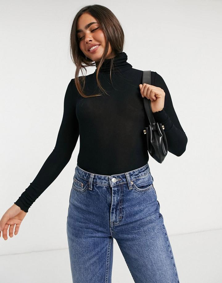 Vero Moda Ribbed Roll Neck Top In Black